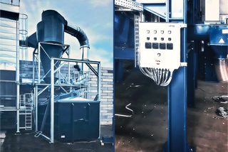 Doppelbild Baustelle Metallschredderanlage Helmond/Niederlande > Anlagen-Komponenten - Doppelbild Baustelle Metallschredderanlage Helmond/Niederlande, Linkes Bild > Trichteranlage, darunter grosser Metallcontainer fuer LKW, dahinter Mauer bis Bildmitte, darueber Himmel mit Wolken, rechtes Bild > Schaltpanel/Bedieneinheit Schredderanlagen-Komponente an blau lackiertem, senkrechten Stahl-T-Traeger