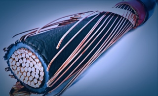 Leistungen - Endverschlüsse Mittelspannung bis 36 kV - Wir beherrschen alle Techniken der Endverschlußmontage - Querschnitt Kupfer-Mittelspannungskabel mit abgelöster Isolation auf weißem Untergrund