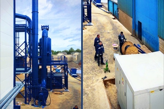 Baustelle Metallschredderanlage Helmond/Niederlande - Doppelbild Baustelle Metallschredderanlage Helmond/Niederlande, Linkes Bild > Bildmitte blau lackierter Metallschornstein und weitere Anlagenkomponenten. Links Gebaeudewand mit Kabeltrasse in 4 Metern Hoehe erkennbar, rechtes Bild > Blick nach unten auf drei Elektromonteure mit Kabelrolle und Transformatorhaeuschen im Vordergrund