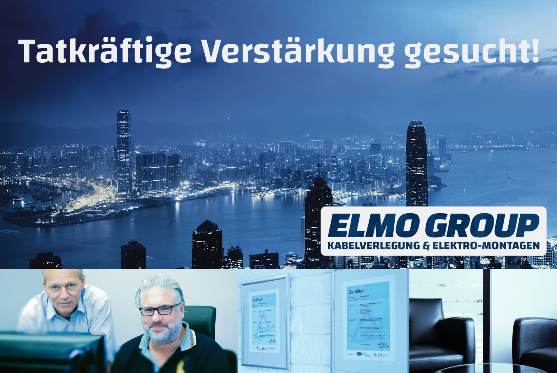 Fotokollage tatkraeftige Verstaerkung gesucht. Aktuelle Jobangebote. Wir suchen Dich! Bild-Text-Kombination. Bueroimpressionen mit Elmo Group Mitarbeitern.
