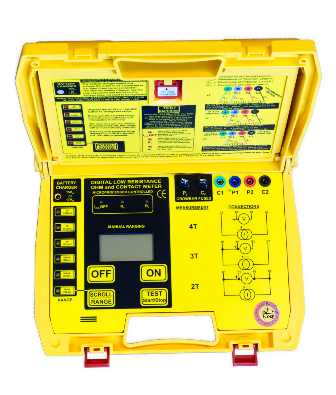 Foto geoeffneter gelber Koffer Digital Low Resistance OHM and Contact Meter Microprocessor controlled, freigestellt