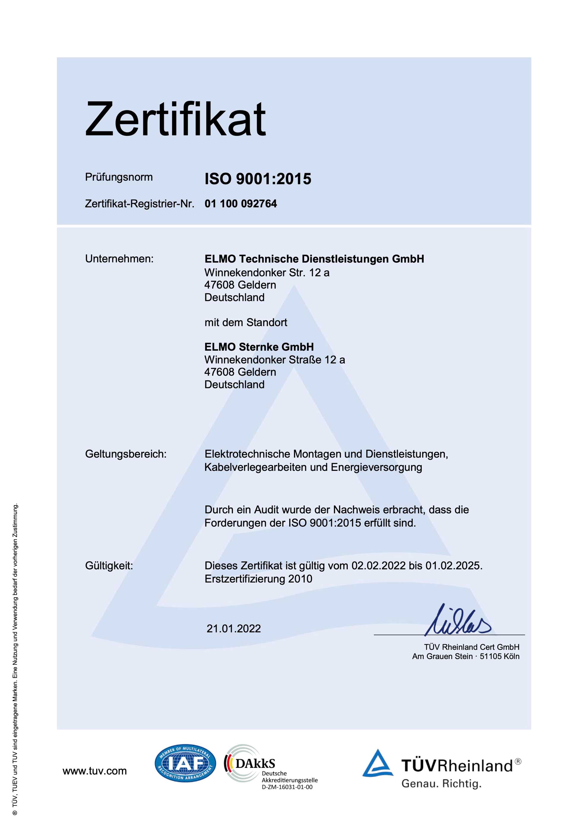 Abbildung ISO 9001:2015 Zertifikat