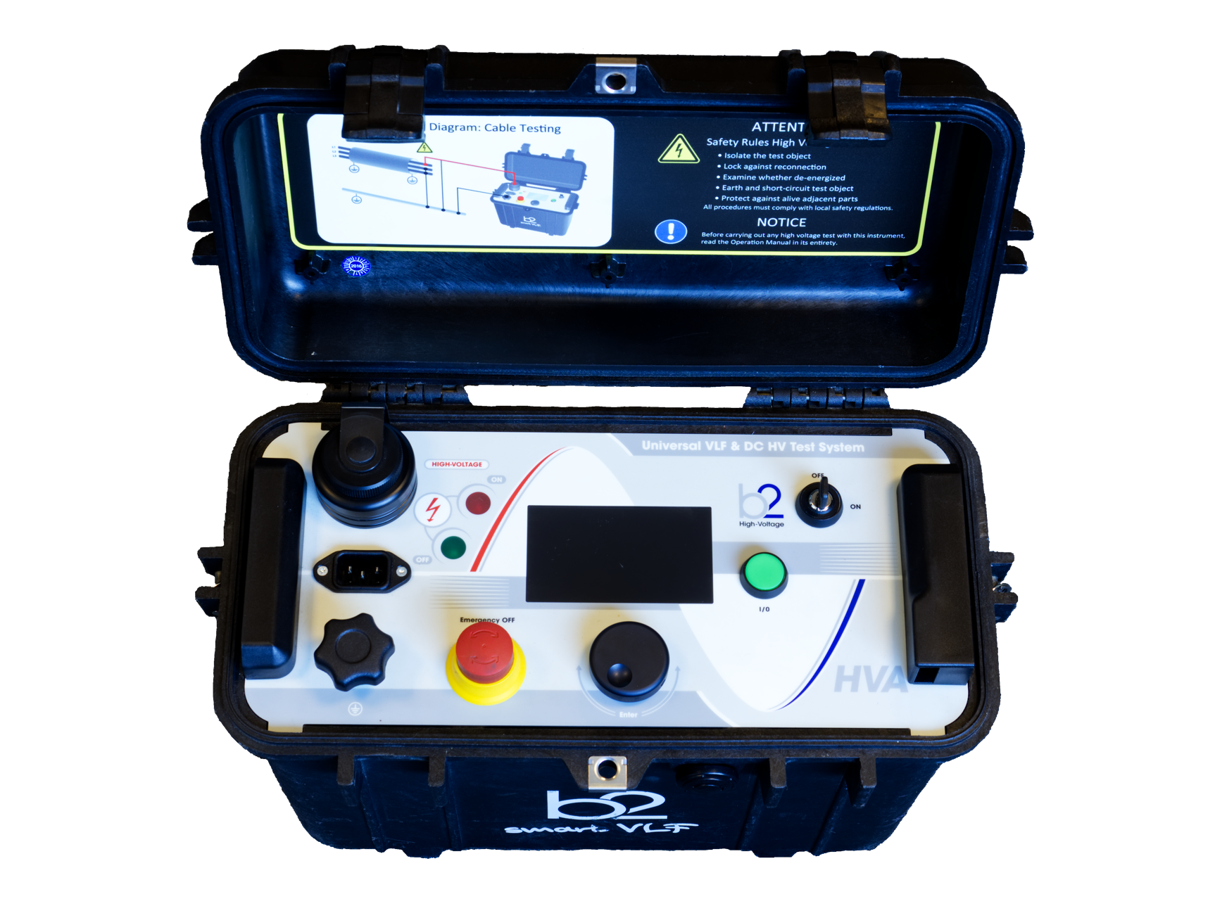 Foto geoeffneter Koffer Messgeraet HVA Universal VLF und DC HV Test System b2 smart VLF high voltage, freigestellt